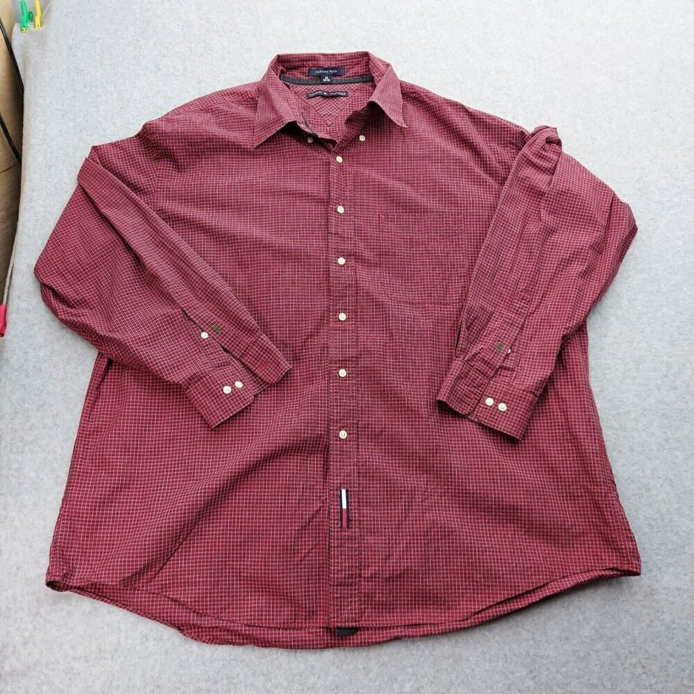 Tommy Hilfiger Shirt Men's 18 ‎ 34-35 Red Button Up Long Sleeve Trad. Poplin